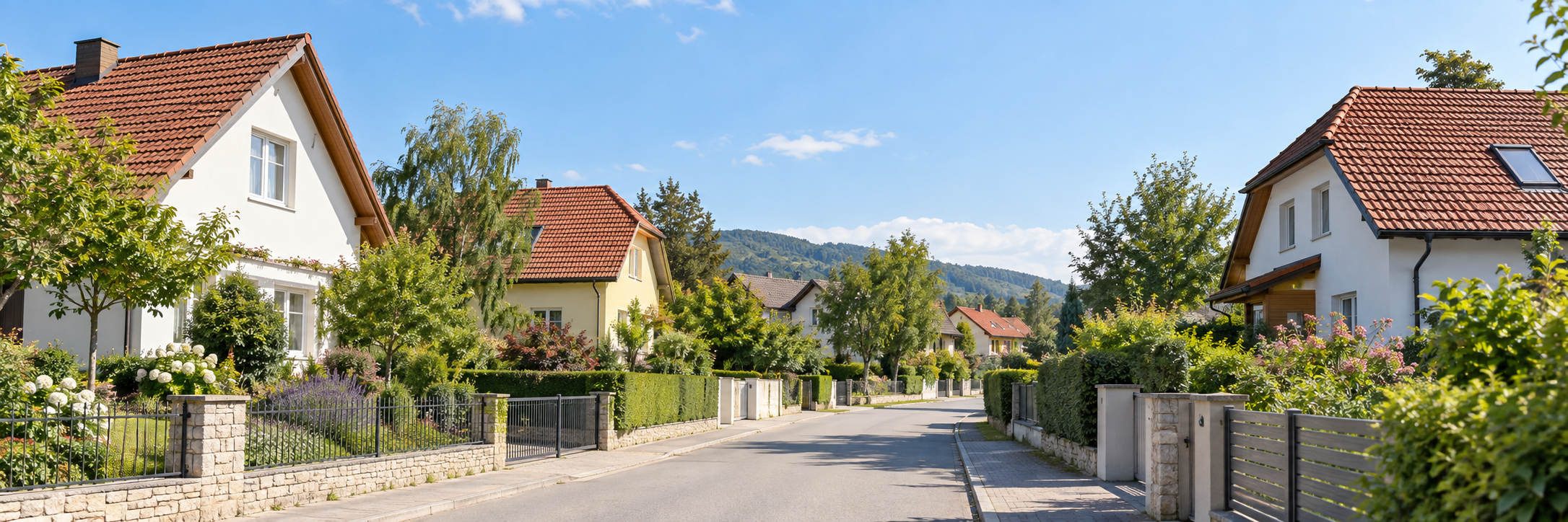 Wohnstraße mit Häusern und Gärten