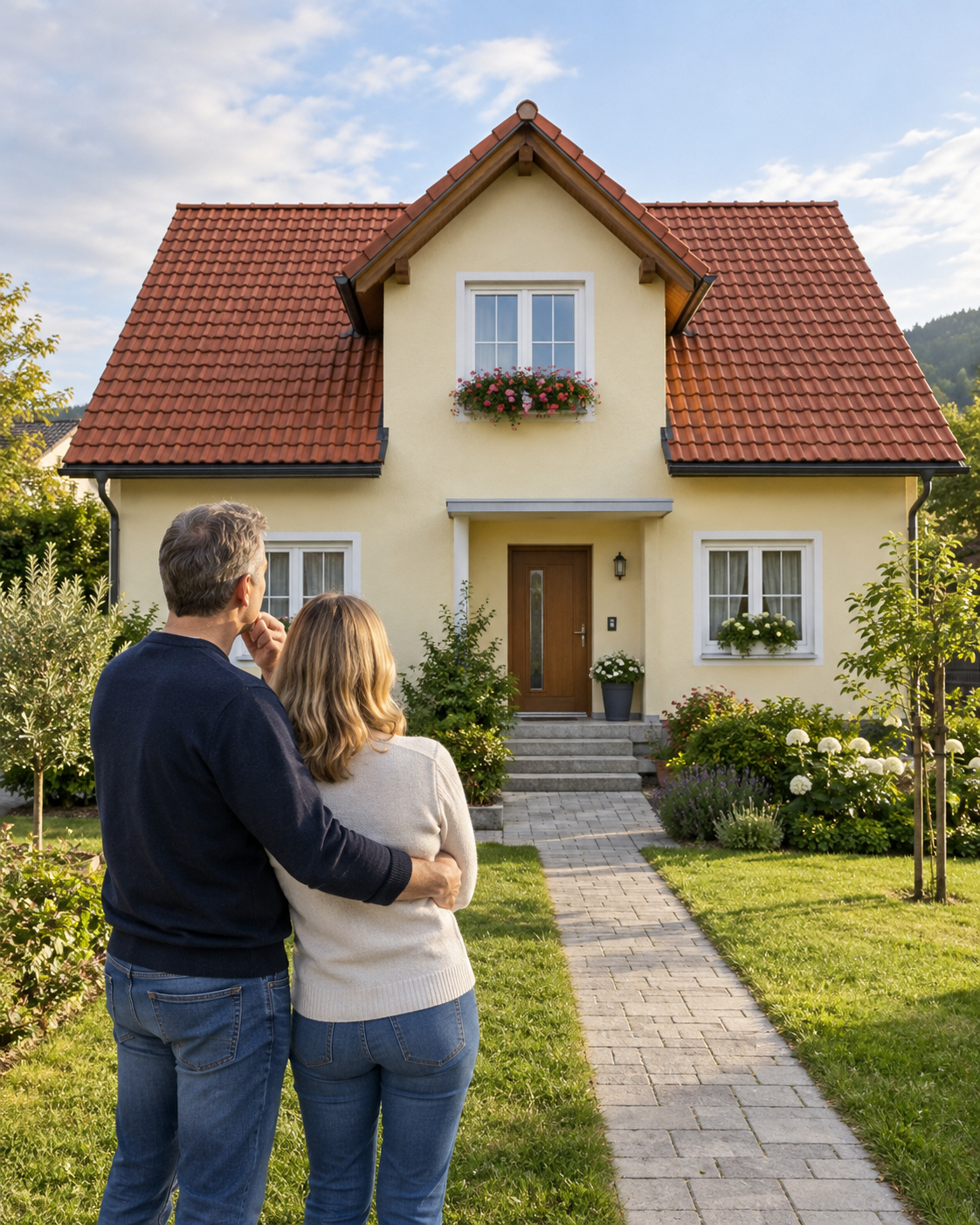 Ein Paar betrachtet ein Wohnhaus mit Garten
