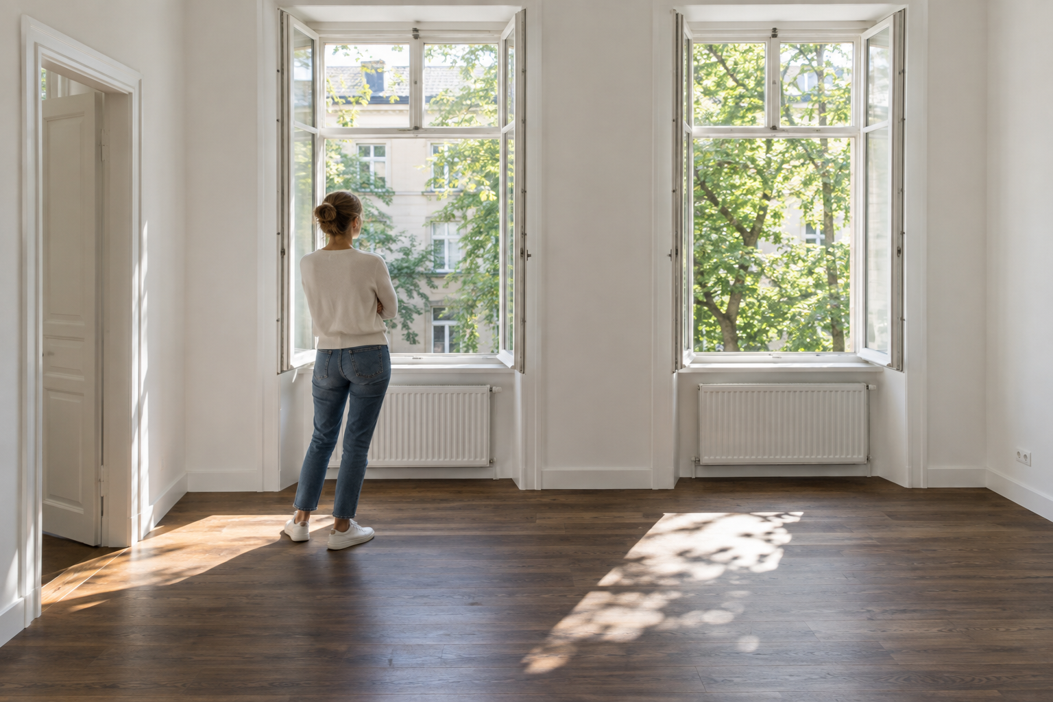 Heller Wohnraum mit Blick in einen begrünten Hof